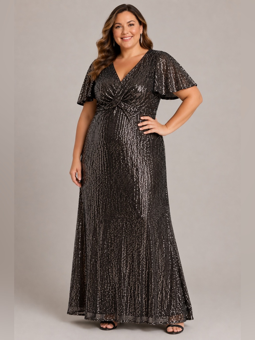 NWT Alex Evenings Black Sequin Flutter-Sleeve Maxi Gown